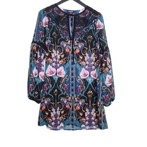 Bebe Sheer Tunic Top Mini Dress Boho Balloon Long Sleeve‎ Black Split Neck XS